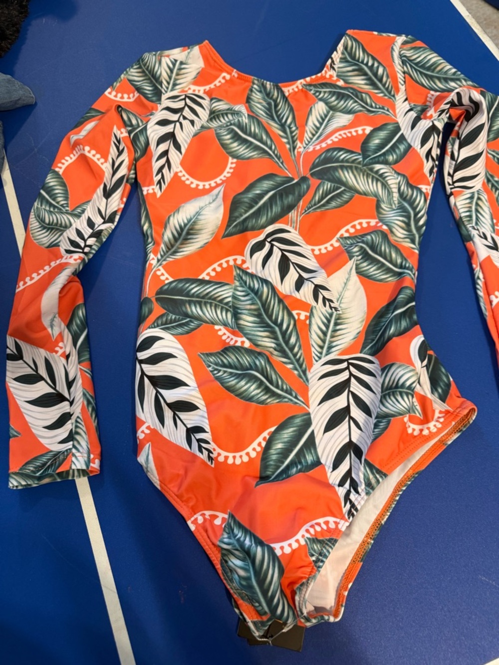 Womens Long Sleeve One-Piece Swimsuit - Orange Tropical Leaf